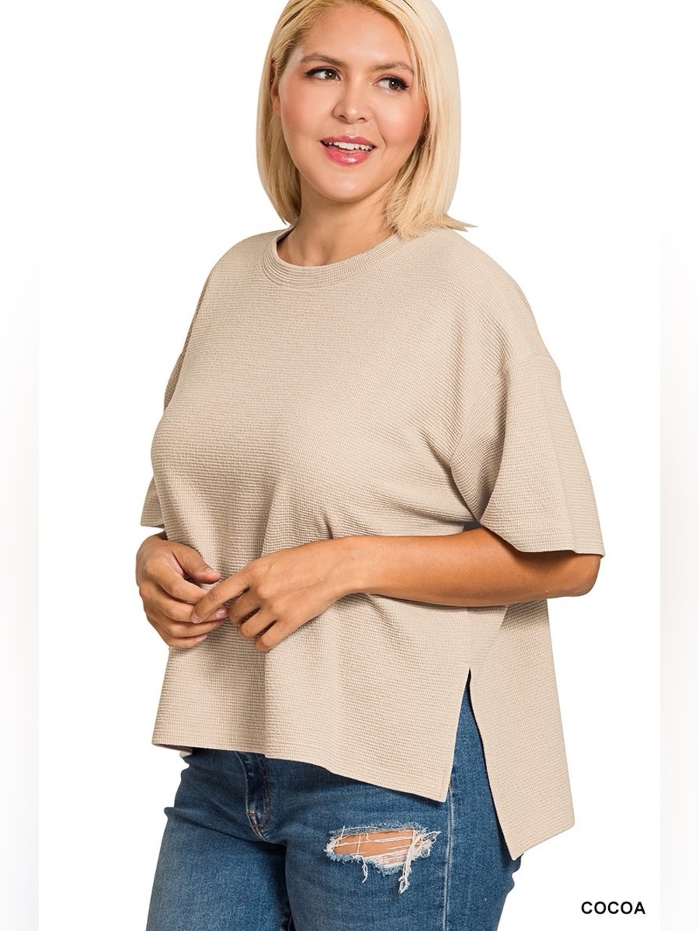 Zenana PLUS Cocoa Double Knit Side Slits Hi Low Short Slv Top - Picture 2 of 3